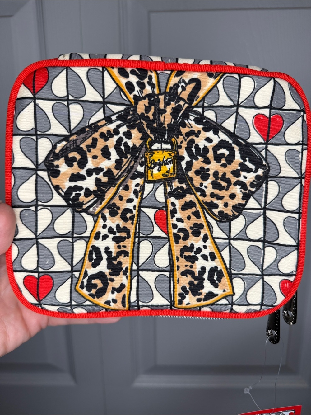Brighton Leopard Bow Jewelry/Cosmetic Pouch in Red, Black, White, Gray